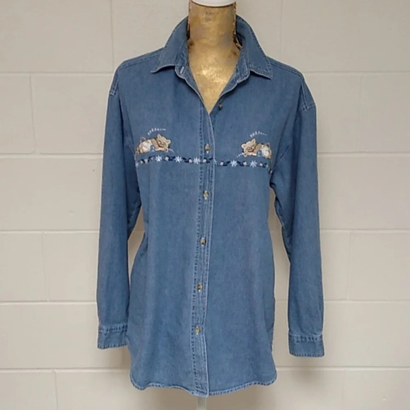 QUIXX AGAIN LONG SLEEVE COTTON DENIM JEAN SHIRT CAT NAP EMBROIDERY & BEADS - Picture 1 of 8